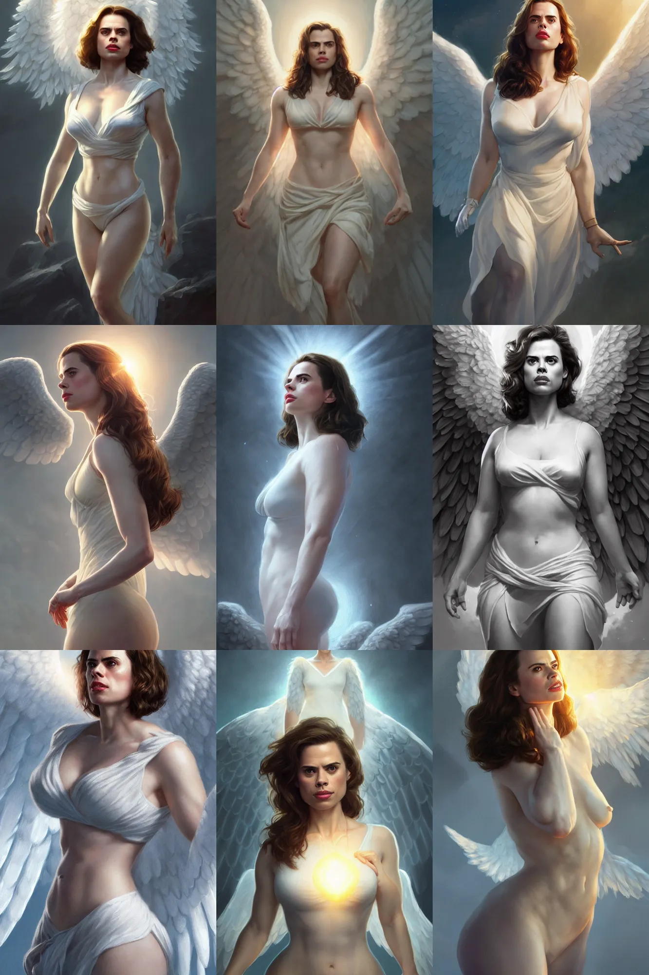 Prompt: hayley atwell as a heavenly angel, anatomy, bathing in light, highly detailed, photorealistic, artstation, smooth, sharp focus, illustration, unreal engine 5, 8 k, art by artgerm and greg rutkowski and edgar maxence