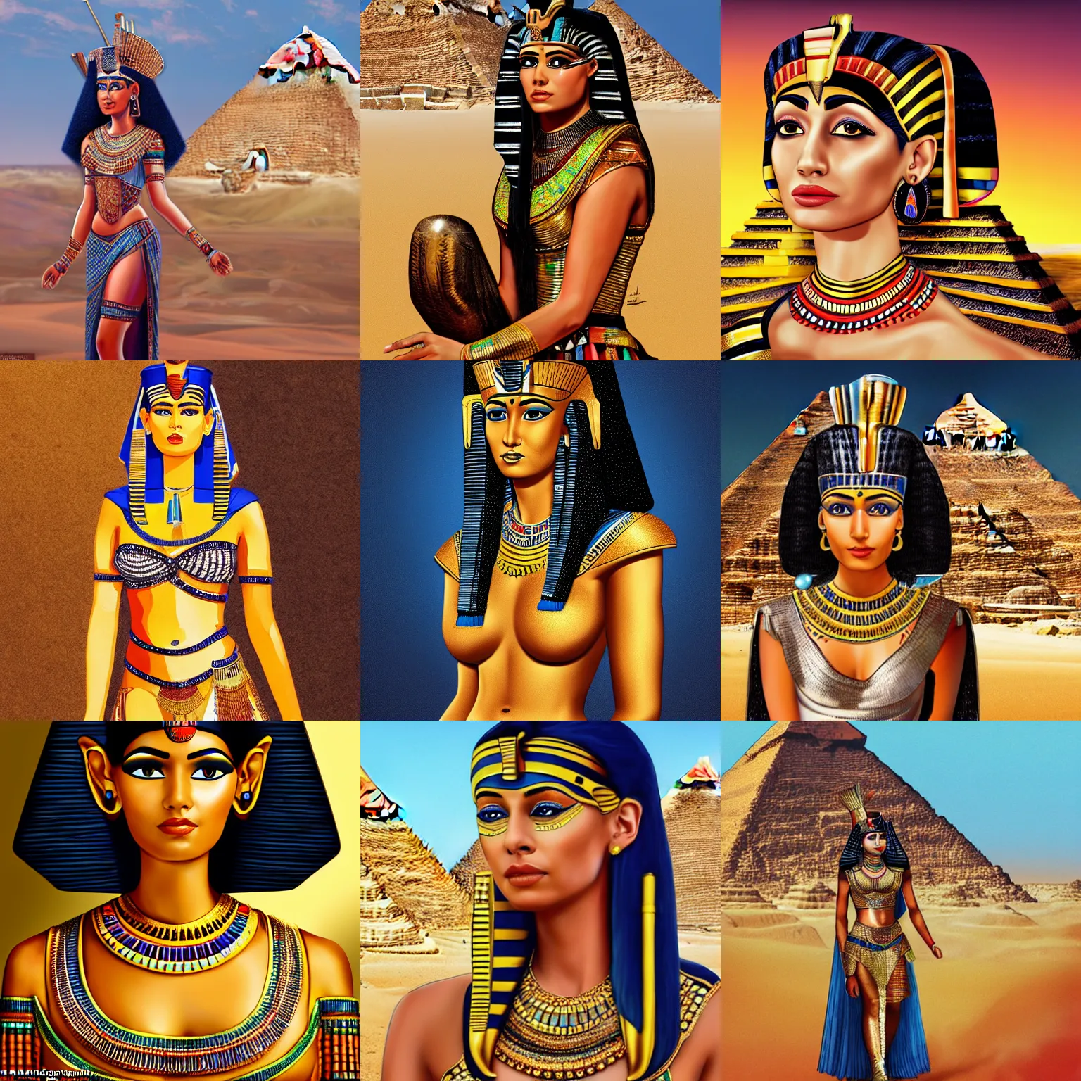 Prompt: a full body painting of the queen of egypt cleopatra as a teen in front of the egyptian pyramids, highly detailed, trending on artstation digital art.