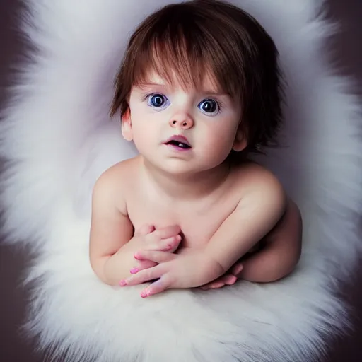 Image similar to a cute little angel baby with long fur, portrait, pixar style, extremely realistic photo, heaven background, cinematic lighting, award winning creature portrait photography