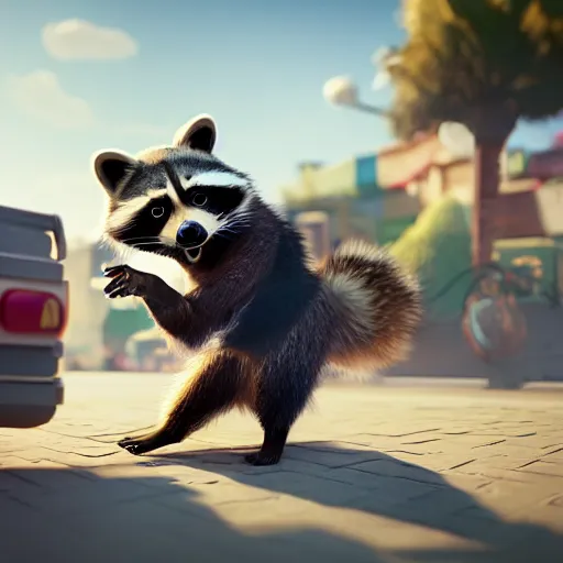 Image similar to raccoon, clash royal style characters, unreal engine 5, octane render, detailed, cinematografic, cinema 4 d