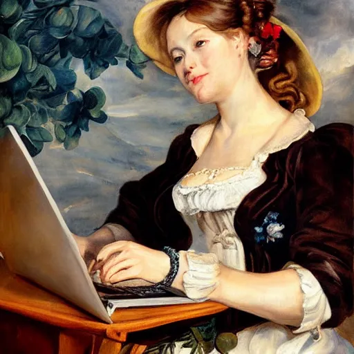 Prompt: heavenly summer sharp land sphere scallop well dressed lady looking at her laptop while drinking a starbucks coffee auslese, by peter paul rubens and eugene delacroix and karol bak, hyperrealism, digital illustration, fauvist