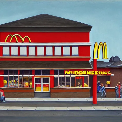 Prompt: painting of mcdonalds restaurant building, highly detailed, digital painting, smooth, sharp focus, art by m. c. escher