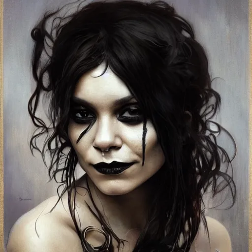 Image similar to beautiful portrait of vanessa hudgens as death from sandman, smiling, by cedric peyravernay, alphonse mucha, by jeremy mann, by lecouffe deharme, goth chic, soft lightning, eyeliner, punk rock, high detailed, 8 k