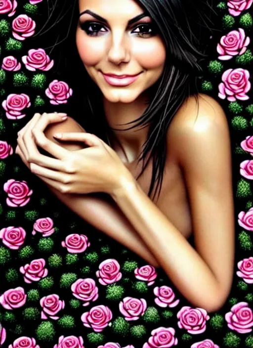 Image similar to amazingly complex portrait of Victoria Justice laying in a bed of black roses as a goddess staring curiously at you. soft detailed painting at 16K resolution and amazingly epic visuals. epically beautiful image. amazing effect, image looks gorgeously crisp as far as it's visual fidelity goes, absolutely outstanding. vivid clarity. ultra detail. iridescent. mind-breaking. mega-beautiful pencil shadowing. beautiful face. Ultra High Definition. soft shading. soft texture. intensely beautiful.