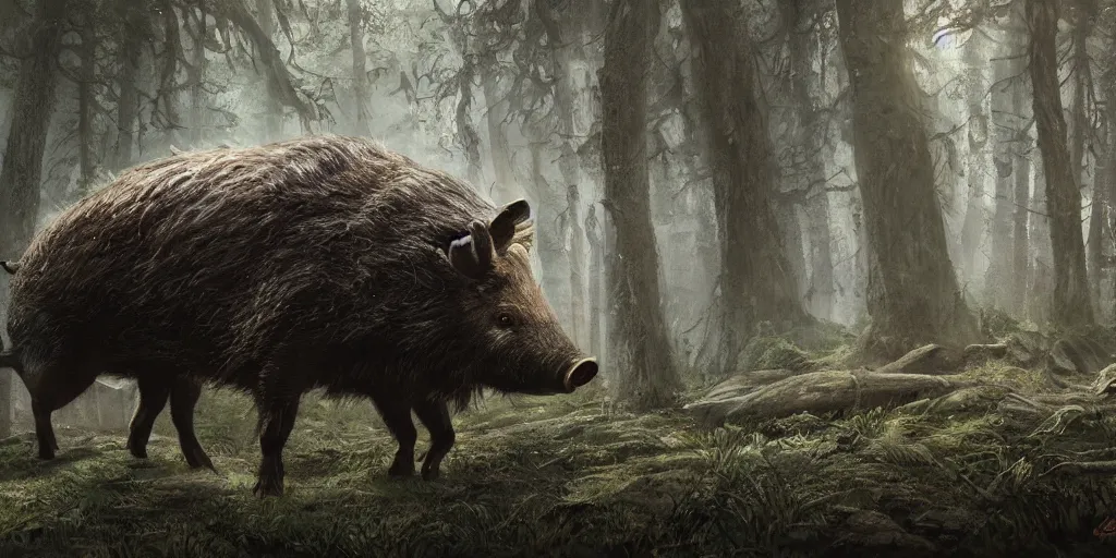 Prompt: giant wild boar with bloody eyes and many tusks, in dark woods, dim colors, forest, highly detailed illustration, masterpiece, fantasy, magical, hyperdetailed, realistic, witch fairytale, 4 k, 8 k, highly detailed matte painting, dungeons and dragons