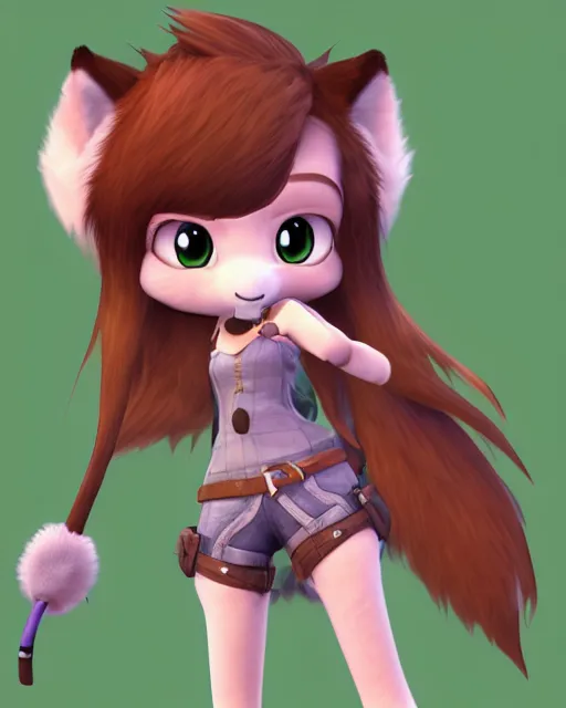 Prompt: female furry mini cute style, highly detailed, rendered, ray - tracing, cgi animated, 3 d demo reel avatar, style of maple story and zootopia, maple story gun girl, fox from league of legends chibi, soft shade, soft lighting