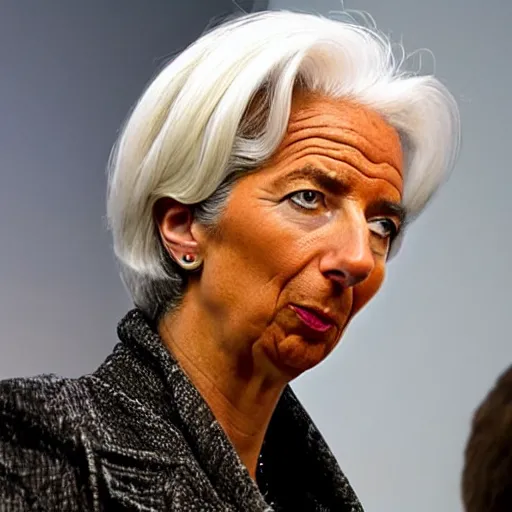 Prompt: Christine Lagarde with colorful clown makeup all over his face