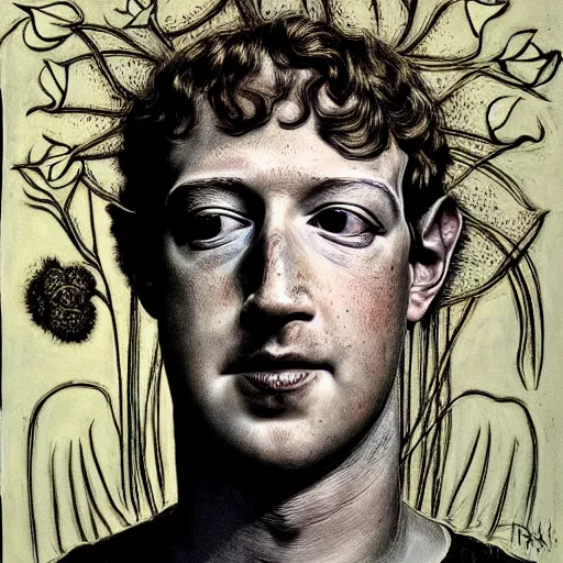Prompt: mark zuckerberg holding a flower by h.r. giger, horror,