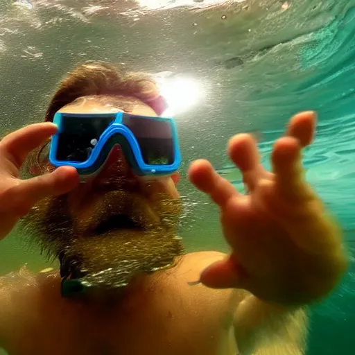 Image similar to tiny bearded mullet man snorkeling inside washing machine, gopro still, detailed, 4k