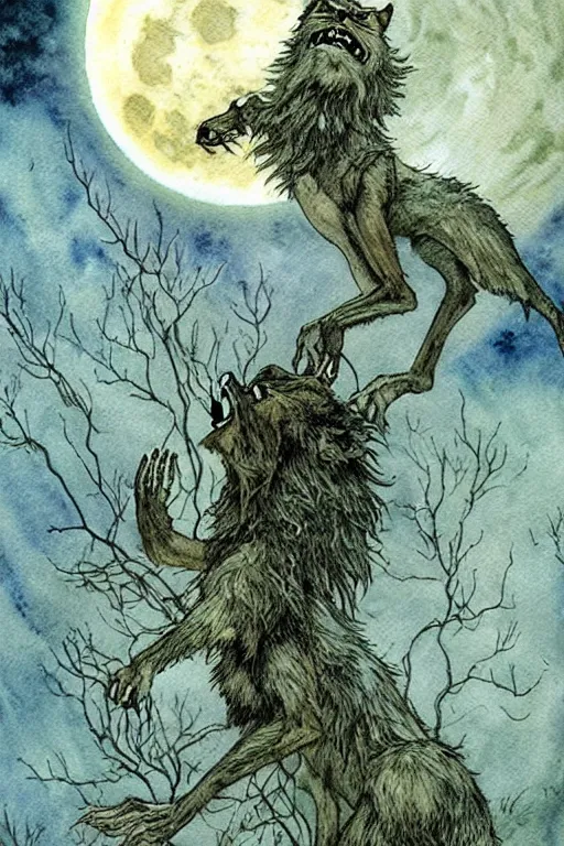 Image similar to crynos werewolf howling at the moon, art by luis royo and walter crane and kay nielsen, watercolor illustration, ultra sharp focus, wot