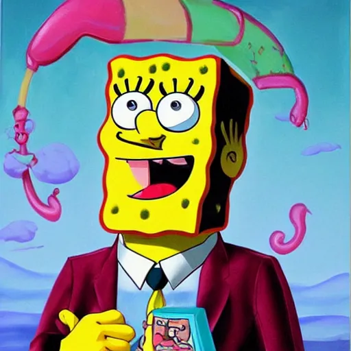 Image similar to nic cage as spongebob squarepants, buff, painted portrait, highly detailed,