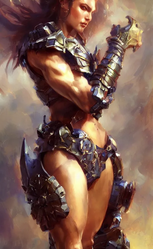 Image similar to muscular full armored girl by daniel gerhartz, colorfull, good shading, perfect lights, moonlight background, trending on art station