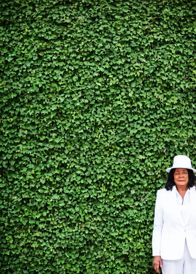 Image similar to portrait photo of a woman in her fifties wearing a white linen trouser suit and panama hat, standing in front of an ivy wall, 8 5 mm f / 1. 8, bokeh, backlit