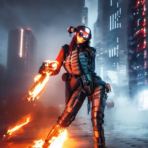 Image similar to photo of a female cyberpunk warrior with jetpack and flamethrower