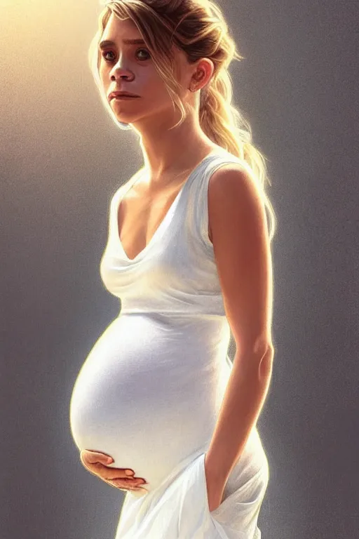 Image similar to pregnant ashley olsen in a thin white dress, realistic portrait, symmetrical, highly detailed, digital painting, artstation, concept art, smooth, sharp focus, illustration, cinematic lighting, art by artgerm and greg rutkowski and alphonse mucha