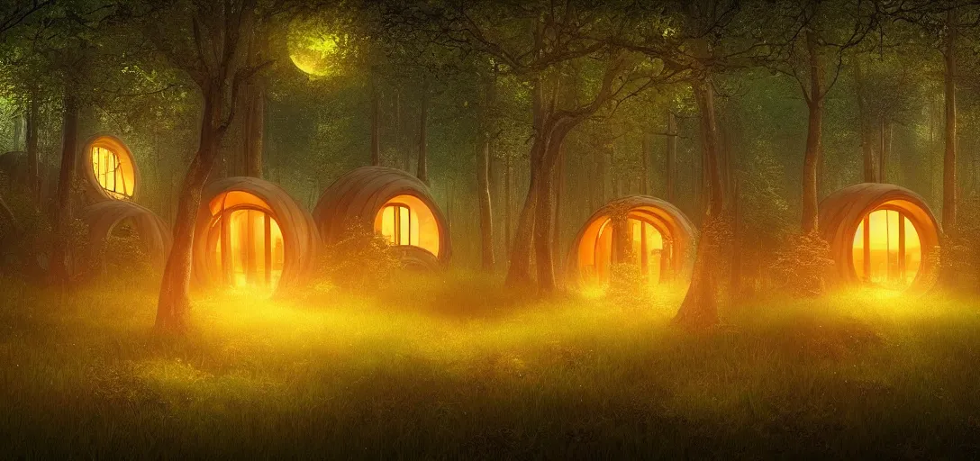 Prompt: beautiful forest, round forest houses with glowing round windows, ray tracing, fireflies, mystical feeling, detailed, digital art