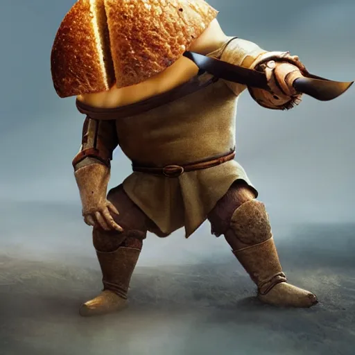 Image similar to medieval battle toast, a slice of toasted bread with a face, arms and legs, holding a sword, cute, pixar, volumetric lighting, dynamic composition, fantasy, hyper detailed, ultra realistic, sharp focus, octane render, concept art by ruan jia and heng z and artem