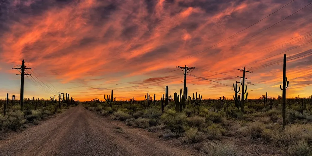 Prompt: long road telephone poles clouds sunset desert cactus photography HDR 8k