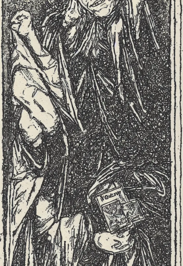 Image similar to Yoshua Bengio smiling drawn on the Tarot card. Illustration by preraphaelists.