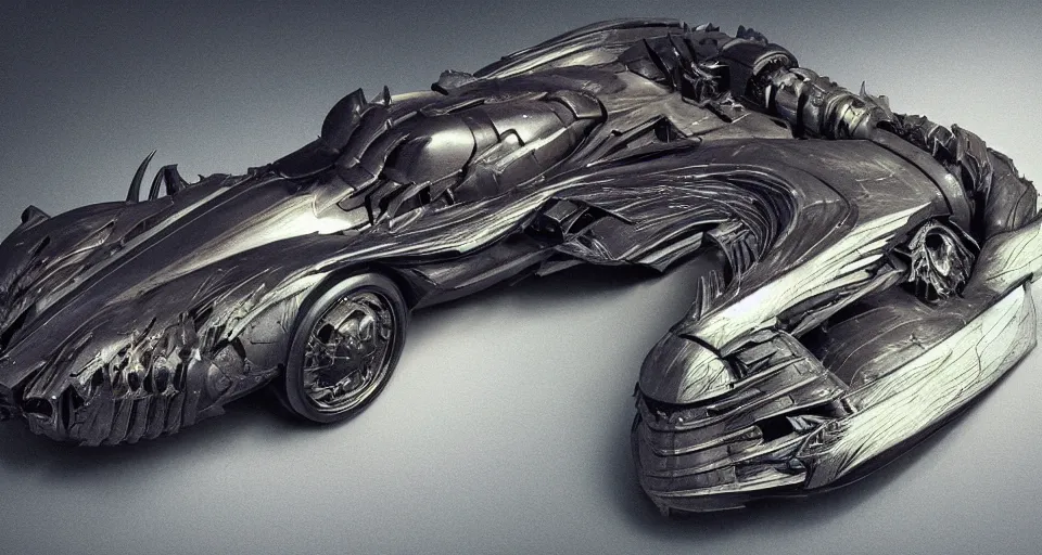 Image similar to The Batmobile Designed By Moebius Yasushi Nirasawa and HR Giger, full body action pose, hyperrealistic, octane render, HDR, volumetric lighting,