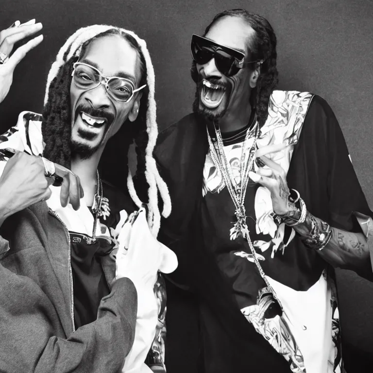 Prompt: a photo of Snoop Dogg laughing hysterically, eyes wide open