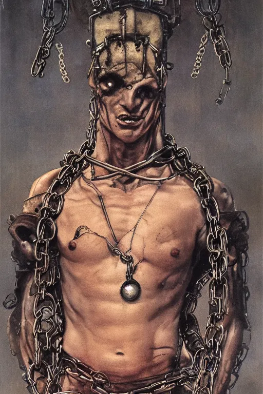 Prompt: michael gross, heavy metal magazine cover, 1 9 8 0 s, intricate leather and chains, atmospheric, realism, horror, grimy, sinister, highly detailed, high octane render, hd, anatomy, symmetrical body, symmetrical face, scary, cracked brick background, in the style of frank frazetta and moebius, peter mohrbacher and john william waterhouse