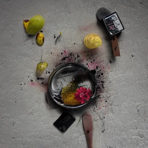 Prompt: A surrealist still life of misplaced everyday objects