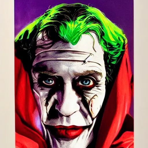 Prompt: lawrence of arabia as the joker, messy, portrait, realistic, concept art by alex ross