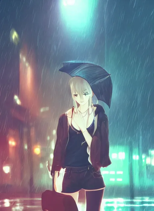 Image similar to listening to music at 2 am, night, pretty girl, pose, rain, lofi, lofi, peaceful, street light, anime key visual, poster, street wears, anime, by wlop, high quality, 4 k, trending, trending on artstation