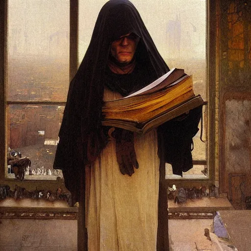 Prompt: half portait of magican wearing a closed cowl holding a big old book! chained to his wrist, jeremy mann, jean leon gerome, alphonse mucha, greg rutkowski, hood covers his eyes, ( ( ruins of ancient rome ) ), at dusk, mysterious atmosphere, sunrays, dof, masterpiece, high detailed, 8 k