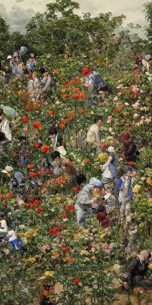 Image similar to oil painting scene from gardeners crowd in the flower garden by kim jung gi