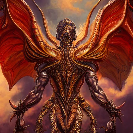 Image similar to a beautiful symmetrical muscular full body wearing a dragon armor with wings made of golden ornaments and gems, by alex gray and android jones , Karol Bak, Ayami Kojima, Amano , concept art, character design, fantasy,3D, 8k resolution