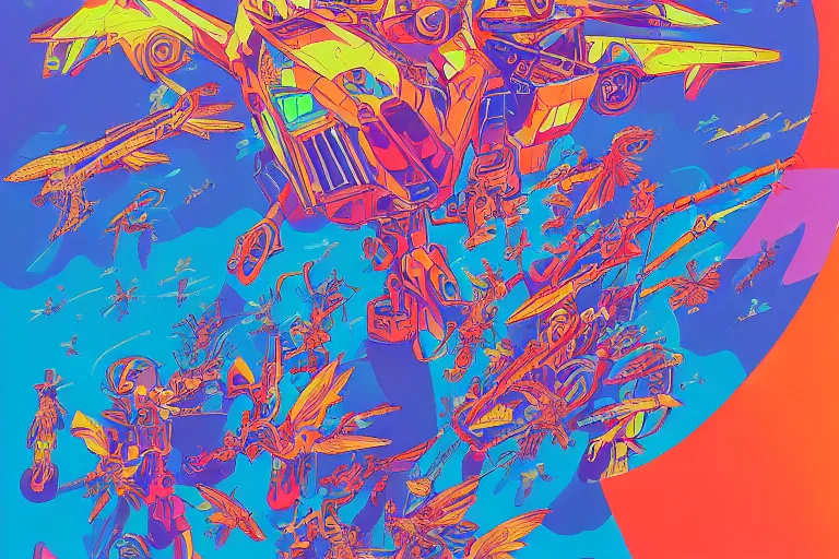Image similar to risograph, gigantic mecha arzach birds with dragonflies, tiny rats, a lot of exotic animals around, big human faces everywhere, helicopters and tremendous birds, by satoshi kon and moebius, matte summer blue and neon orange colors, surreal psychedelic design, crispy, super - detailed, a lot of tiny details, 4 k, fullshot
