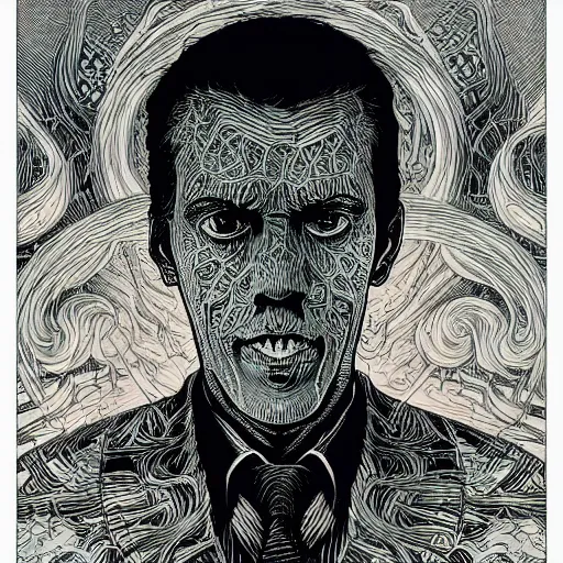 Image similar to portrait of hp lovecraft, symmetrical, by yoichi hatakenaka, masamune shirow, josan gonzales and dan mumford, ayami kojima, takato yamamoto, barclay shaw, karol bak, yukito kishiro