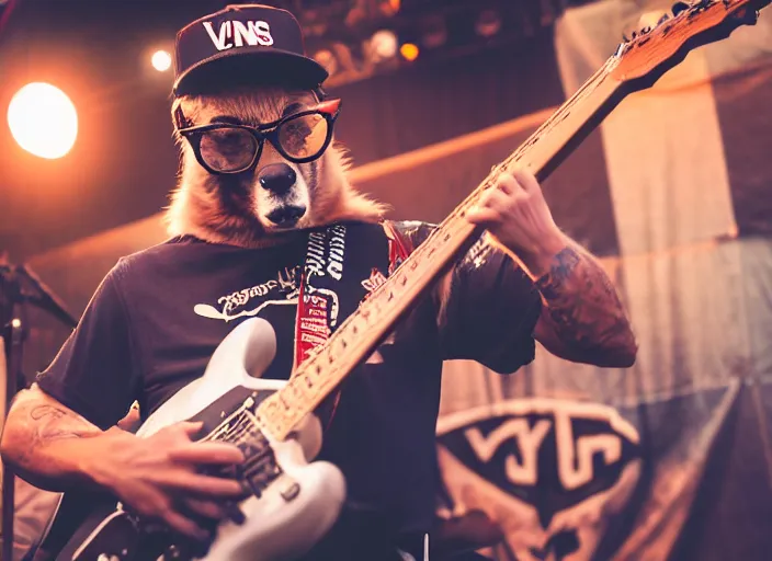 Image similar to photo still of mcgruff the crime dog on stage at vans warped tour!!!!!!!! at age 3 3 years old 3 3 years of age!!!!!!!! shredding on guitar, 8 k, 8 5 mm f 1. 8, studio lighting, rim light, right side key light