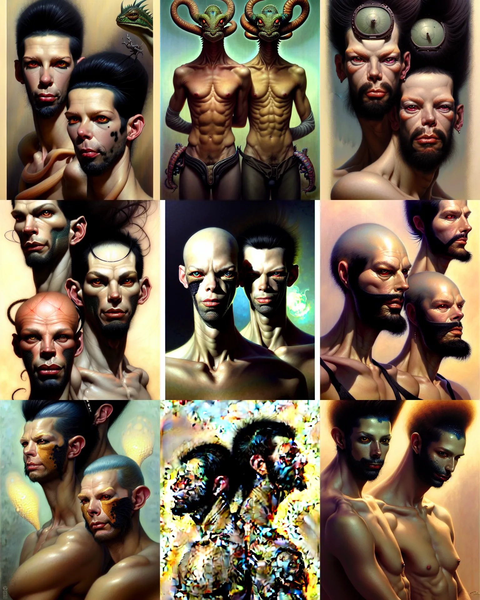 Prompt: beautiful male twins portrait, black hair, patchy beard, lizard skin, ultra realistic, intricate details, the fifth element artifacts, highly detailed by peter mohrbacher, allen williams, hajime sorayama, wayne barlowe, boris vallejo, aaron horkey, gaston bussiere, craig mullins