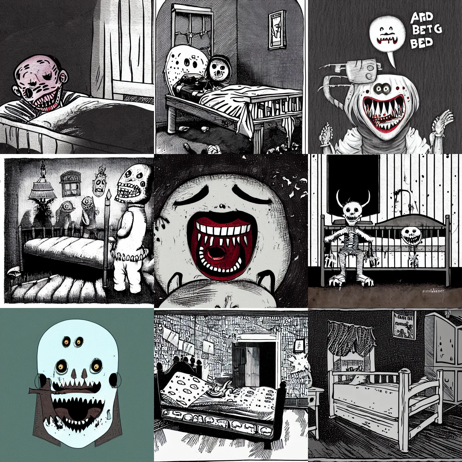 Prompt: a bed with teeth, horror illustration