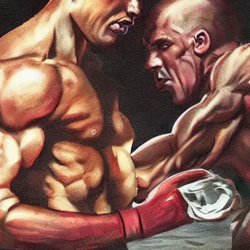 Image similar to two muscular men fighting over the last sandwich on earth, photorealistic