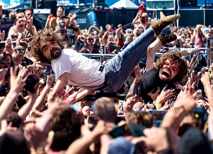 Image similar to photo still of peter dinklage at the vans warped tour!!!!!!!! at age 3 6 years old 3 6 years of age!!!!!!!! stage diving into the crowd, 8 k, 8 5 mm f 1. 8, studio lighting, rim light, right side key light