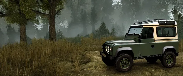 Image similar to Land Rover Defender 110 (1985), The Elder Scrolls V: Skyrim, Riften, The Rift, an epic fantasy, living flora, spriggans, humanoid flora, green floral energy going through spriggans, wooden forest spirits, dramatic lighting, cinematic, establishing shot, extremely high detail, photorealistic, cinematic lighting, artstation, by simon stalenhag