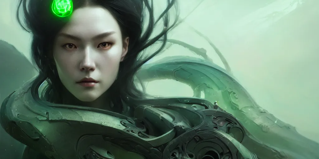 Image similar to ultra detailed beautiful nordic cyborg, black long hair, green eyes, sharp bone structure, extremely detailed digital painting, in the style of fenghua zhong and ruan jia and jeremy lipking and peter mohrbacher, mystical colors, rim light, beautiful lighting, 8 k, stunning scene, raytracing, octane, trending on artstation