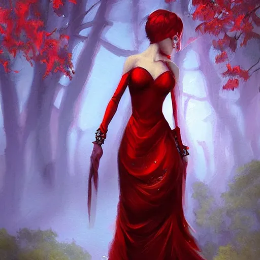 Image similar to a painting of a woman in a red dress, concept art by anne stokes, polycount contest winner, fantasy art, wiccan, concept art, tarot card