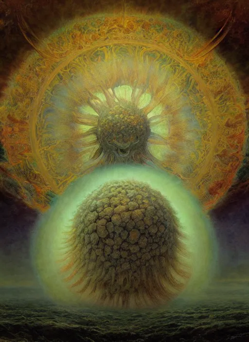 Prompt: antediluvian occult cosmology, panspermia, by robert hooke and ernst haeckel and agostino arrivabene and joaquin sorolla, rule of thirds, vivid colours, atmospheric, digital painting, artstation, concept art, smooth, soft focus, negative space, illustration, digital painting