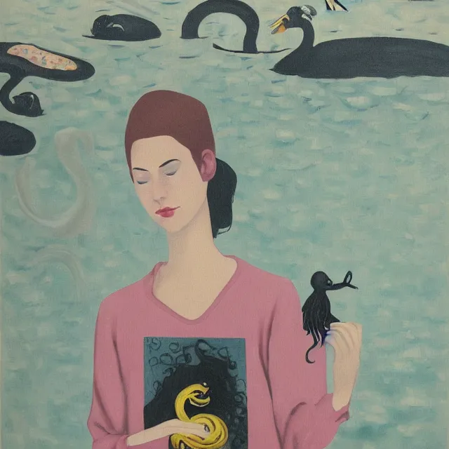 Image similar to tall female emo artist holding an octopus in a flooded cafe, bagels, pigs, water gushing from ceiling, painting of flood waters inside a cafe, a river flooding indoors, pomegranates, pigs, ikebana, water, octopus, river, rapids, waterfall, black swans, zen, canoe, berries, acrylic on canvas, surrealist, by magritte and monet