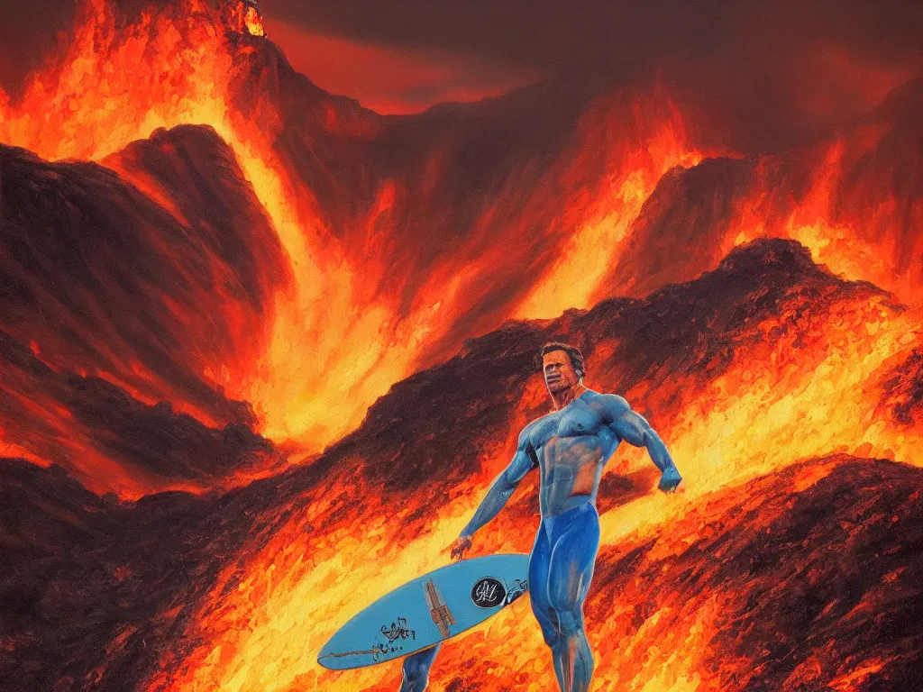 Image similar to detailed portrait of an arnold schwarzenegger surfing on lava by boris vallejo, volcano eruption on the background, stunning scene, 8 k, digital painting, hyperrealism, bright colors, trending on artstation