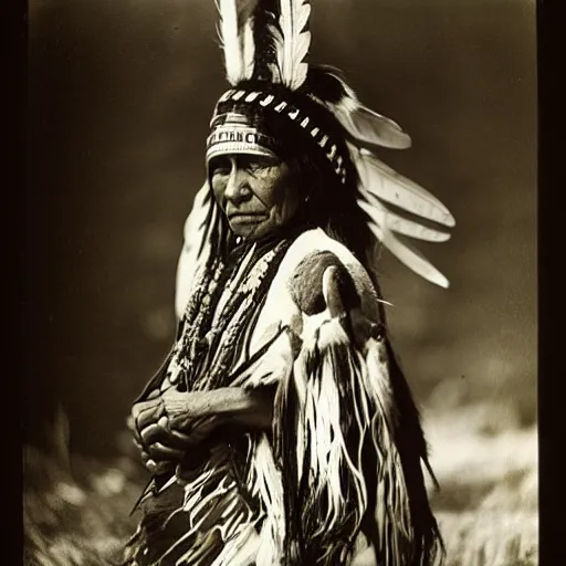 Prompt: vintage photo of a female native american shaman by edward s curtis, photo journalism, photography, cinematic, national geographic photoshoot vignette