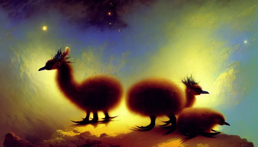 Image similar to highly detailed painting of cute baby emus cuddling up in a basket by ivan aivazovsky, by william turner, by joe fenton, thick brush strokes and visible paint layers, 4 k resolution, outer space nebula background