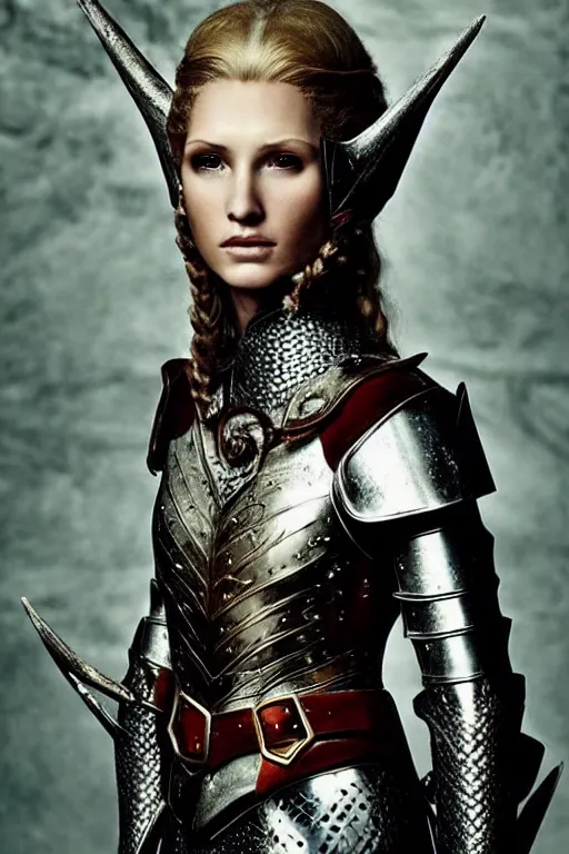 Prompt: head and shoulders portrait of an eldritch knight, elf, beautiful, female, breastplate, magical, high fantasy, d & d, by annie liebovitz, face details, extremely detailed, vogue fashion photo