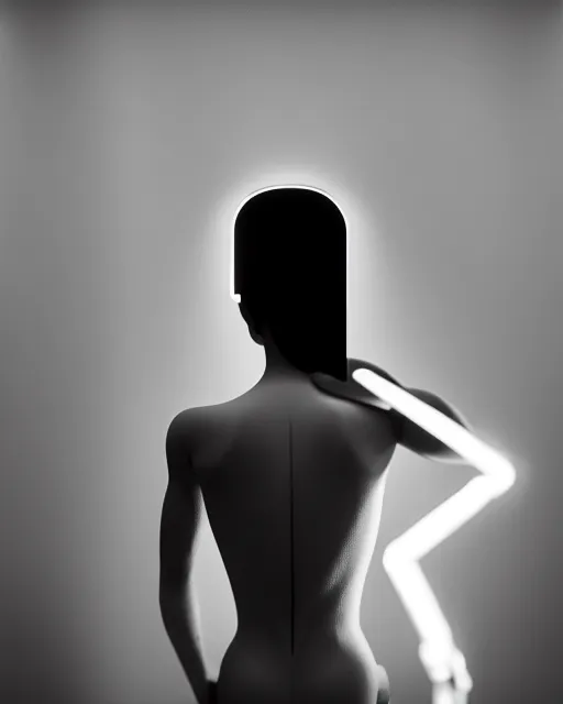 Image similar to black and white high quality photo of a beautiful female AI vegetal-cyborg looking into a sci-fi mirror, volumetric lighting, liminal space, brutalism, foggy, dreamy, hyperdetailed, bokeh, photorealistic, cinematic, masterpiece, elegant, dark, by Man Ray in the style of Horst P. Horst, octane render, 8K,