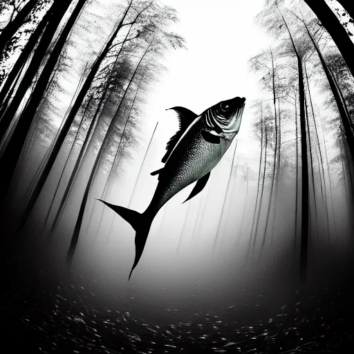 Image similar to a gloomy fish swimming through trees in a black and white forest